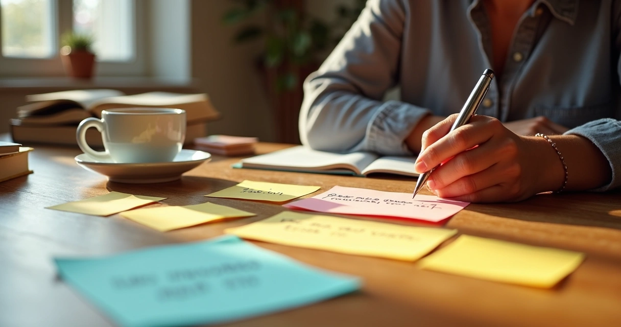 Pessoa refletindo diante de perguntas escritas em papéis