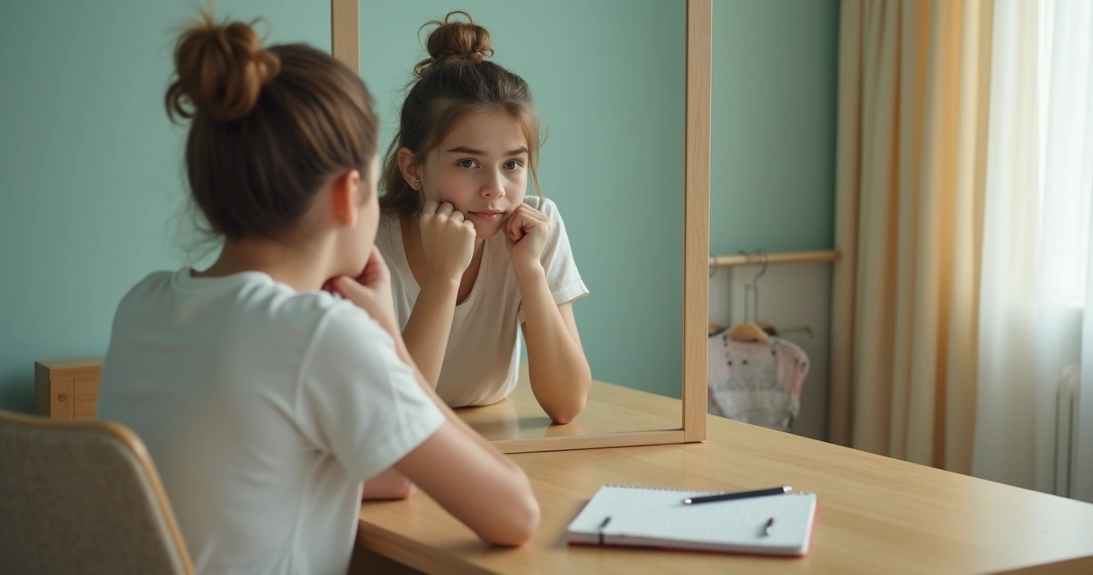 Pessoa olhando seu reflexo em um espelho, expressão pensativa 