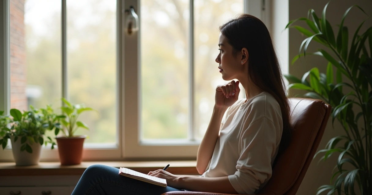 Pessoa olhando através da janela com expressão reflexiva 