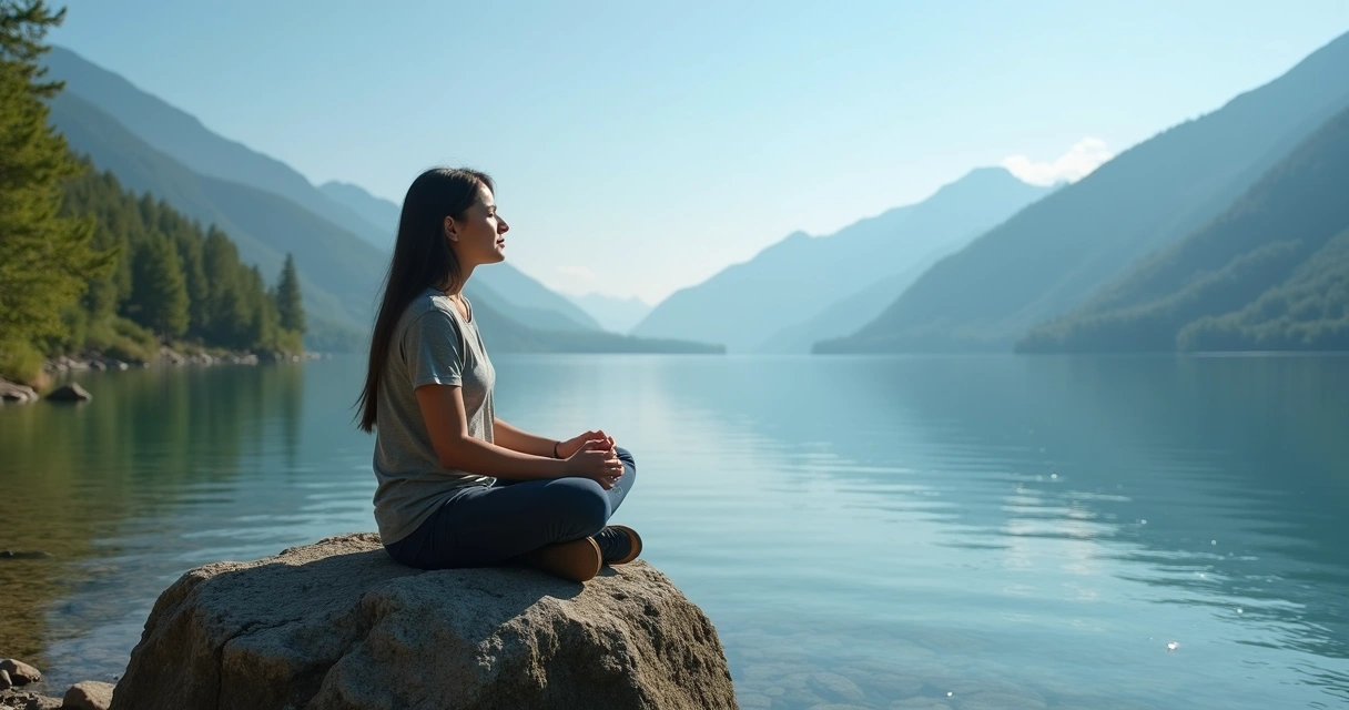 Pessoa sentada em ambiente natural, olhando para o horizonte tranquilo 
