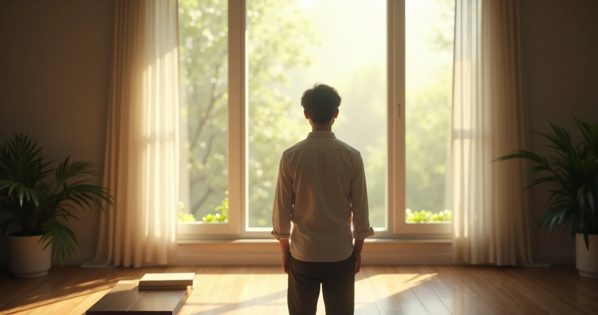 Pessoa olhando pela janela, refletindo sozinha, ambiente iluminado e sereno 