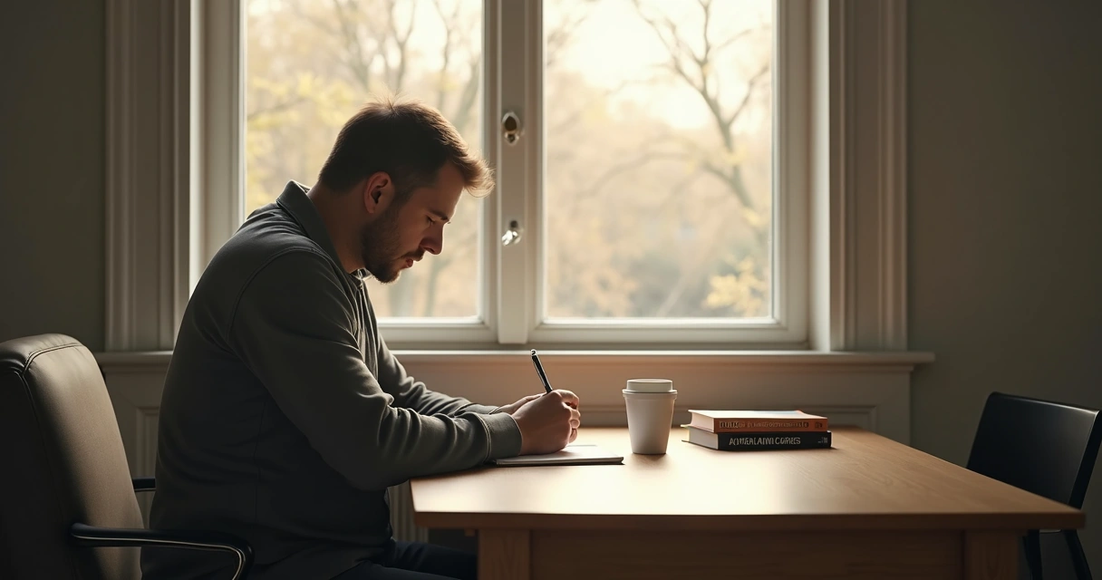 Pessoa refletindo sozinha com caderno 