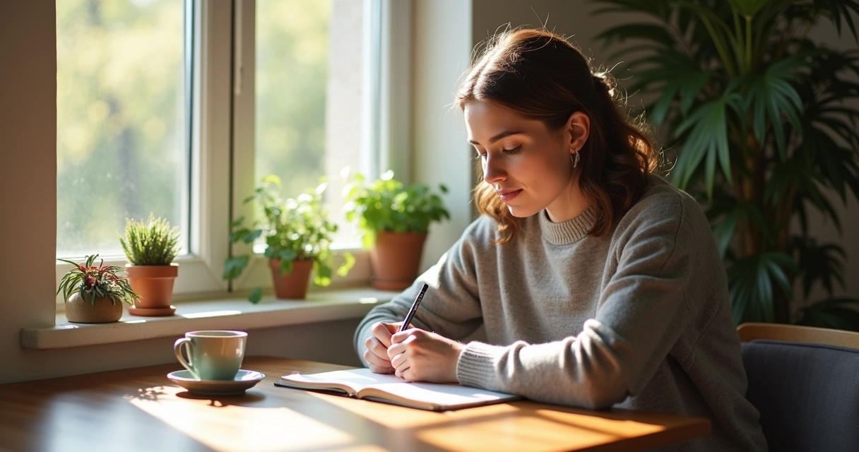 Pessoa escrevendo em um caderno em ambiente tranquilo 