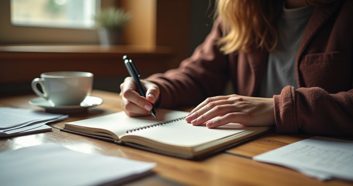 Pessoa refletindo diante de um bloco de notas com caneta, mesa de madeira e xícara de café 