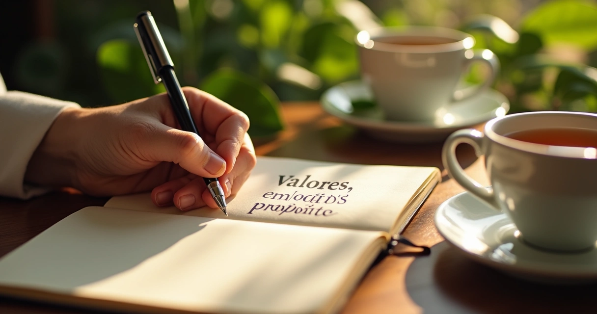 Pessoa escrevendo em caderno durante reflexão 