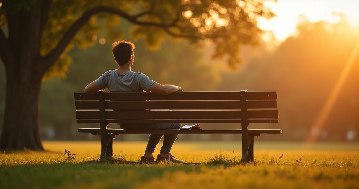Pessoa sentada em um banco pensando tranquilamente, à luz suave do pôr do sol 
