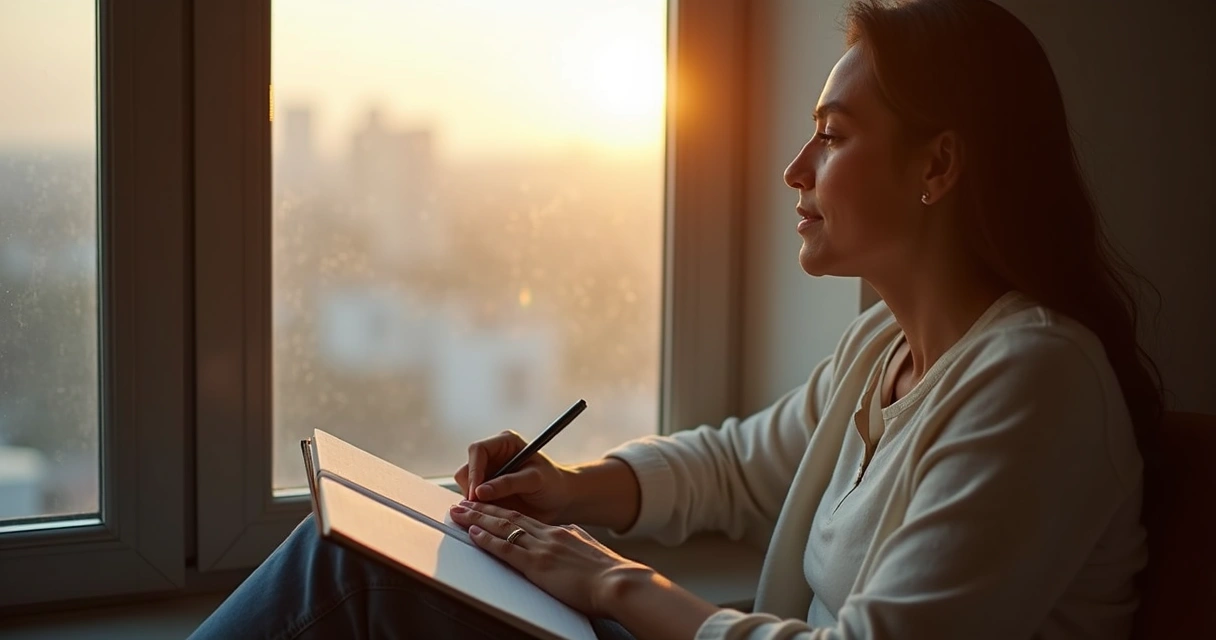 Pessoa adulta refletindo olhando pela janela, semblante calmo 