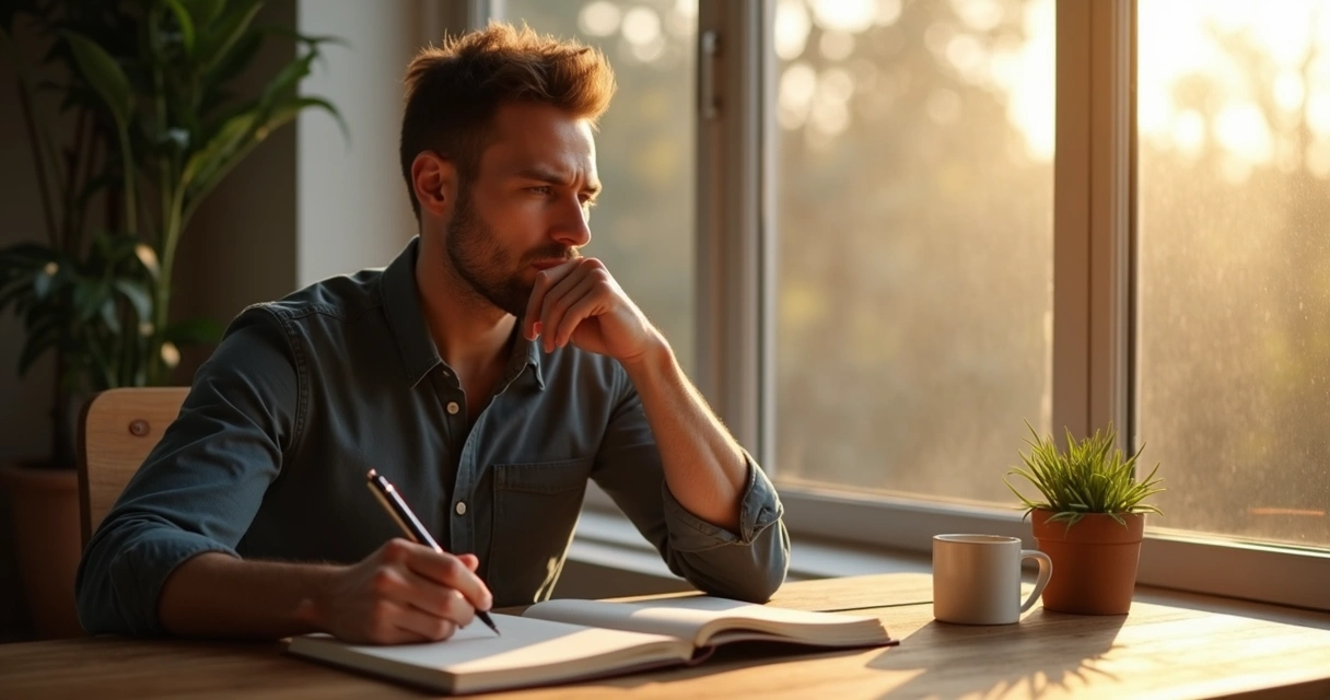 Homem sentado refletindo diante de janela com caderno aberto 