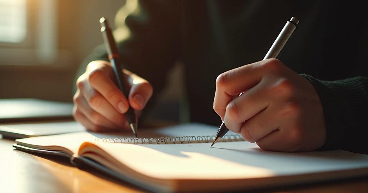 Pessoa sentada em atitude contemplativa, olhando para um caderno com anotações, sugerindo autorreflexão antes de tomar uma decisão 