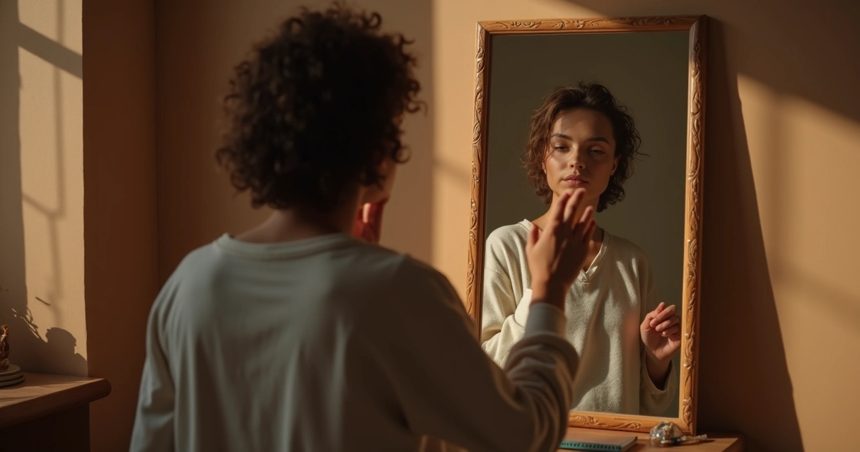 Pessoa olhando reflexivamente para um espelho 