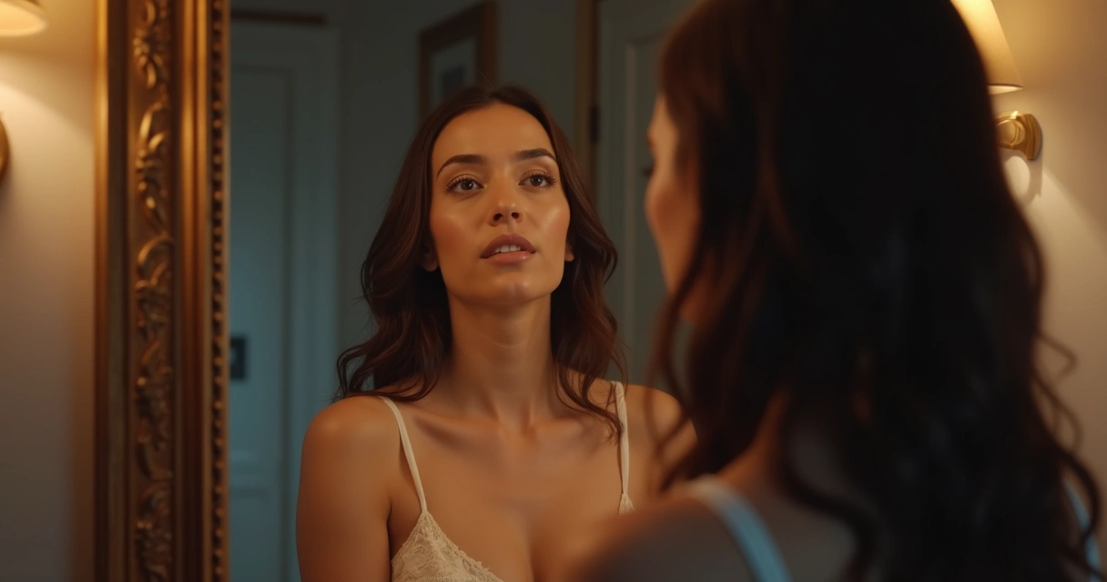 Pessoa olhando para o próprio reflexo pensativo em espelho 