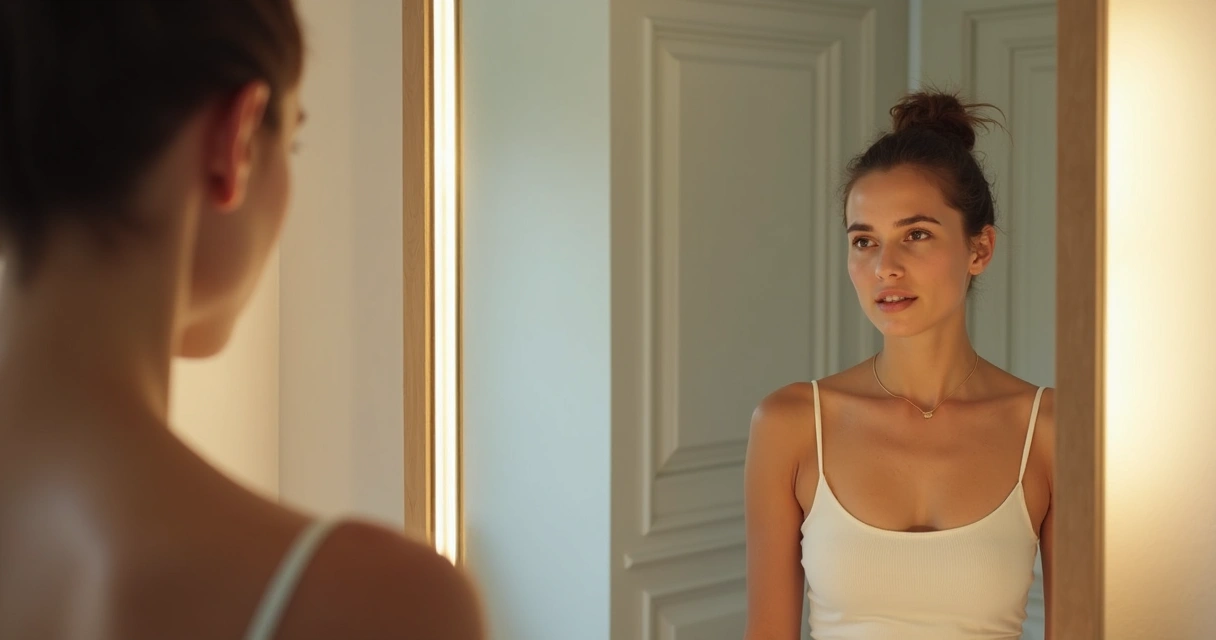 Pessoa olhando seu próprio reflexo no espelho em ambiente iluminado, cenário de auto-reflexão