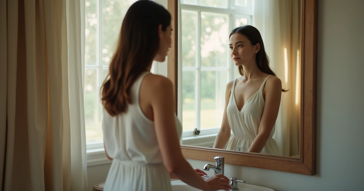 Pessoa olhando para si mesma no espelho, refletindo em silêncio 