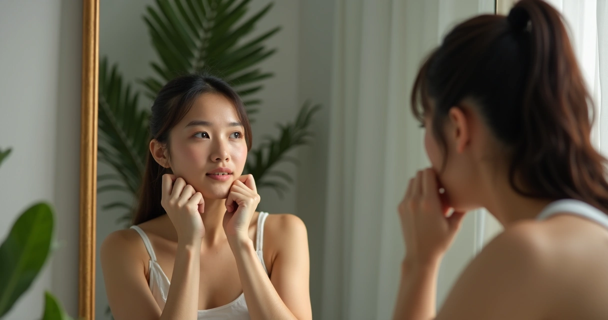 Pessoa olhando para o próprio reflexo em espelho, expressão pensativa, ambiente suave 