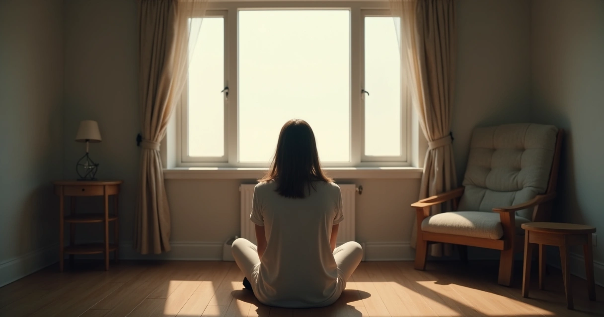 Pessoa sentada ao lado de uma janela olhando para fora, com expressão pensativa em cenário iluminado tranquilamente 