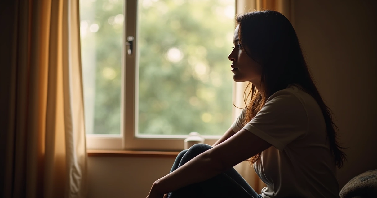 Pessoa sentada junto à janela refletindo em silêncio, luz suave ao redor 