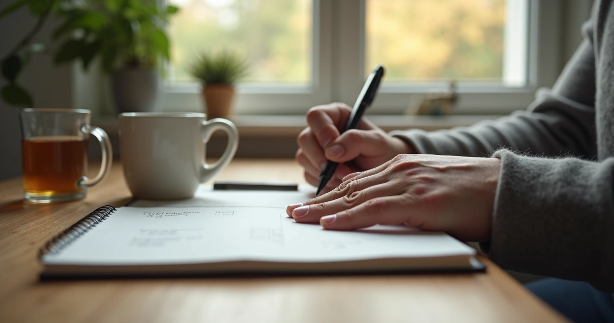 Pessoa escrevendo em caderno, refletindo em ambiente tranquilo