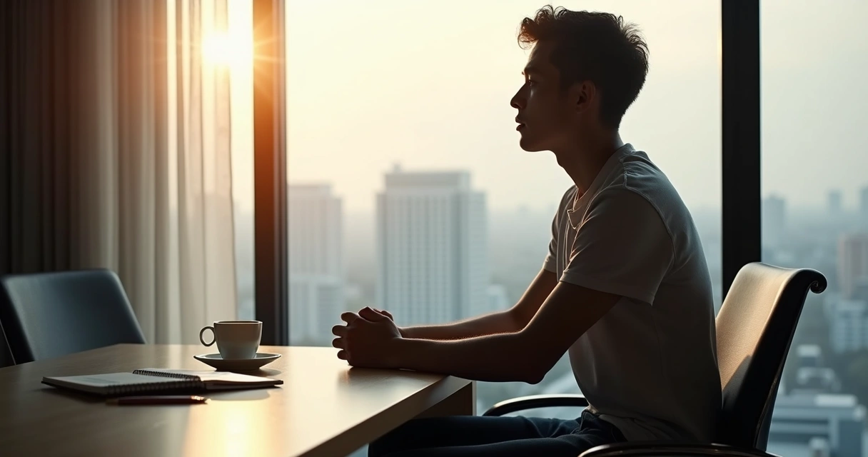 Pessoa olhando pela janela pensando sobre decisões no trabalho 