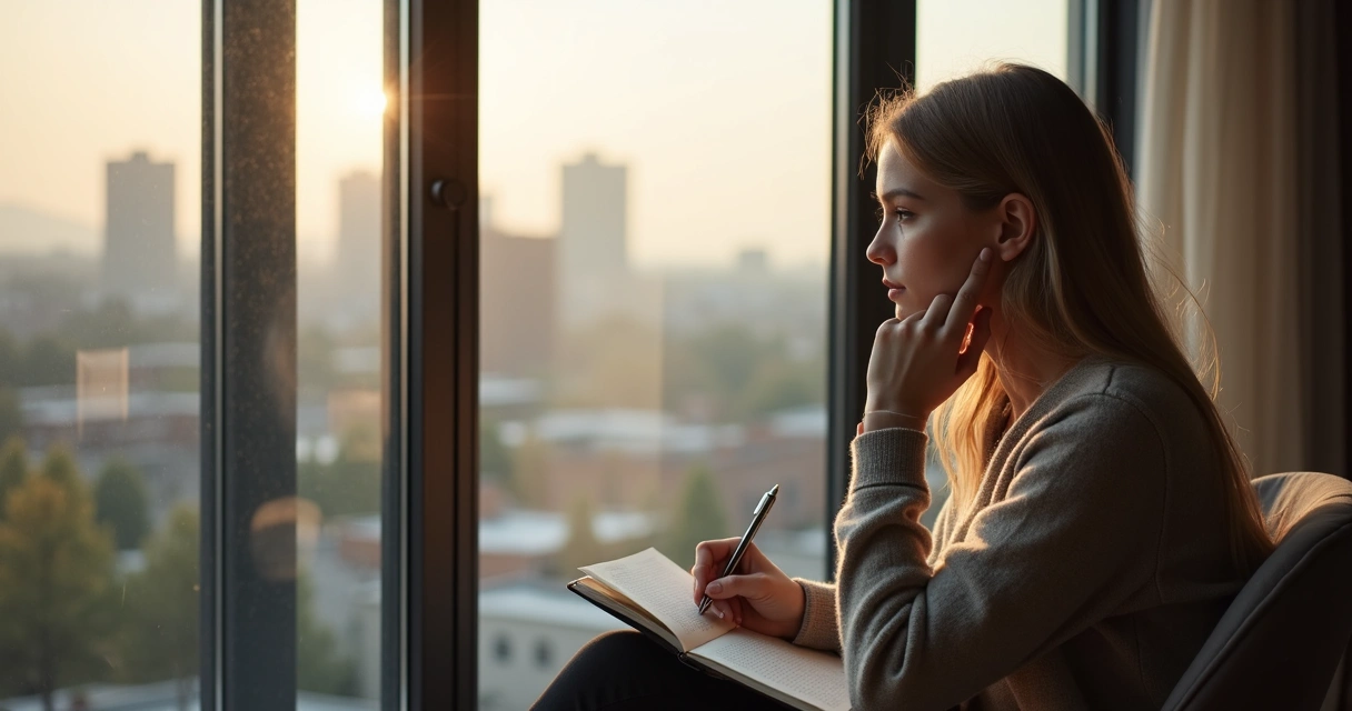 Pessoa refletindo diante de uma janela, com bloco de notas na mão 