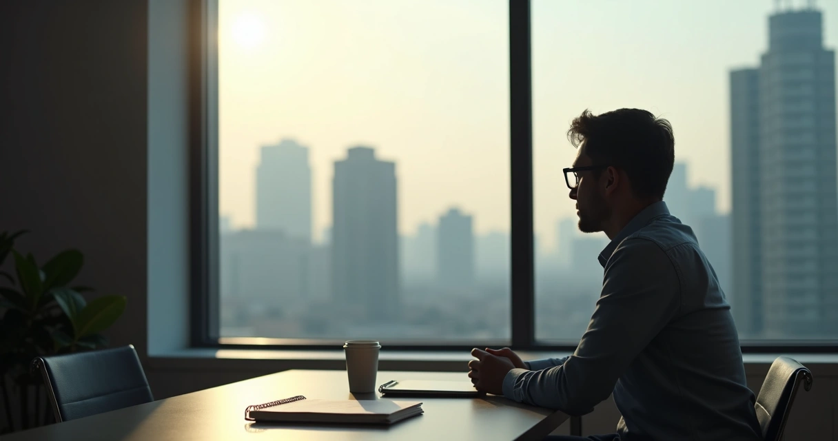 Pessoa refletindo sozinha, olhando pelo vidro, em ambiente de trabalho moderno 