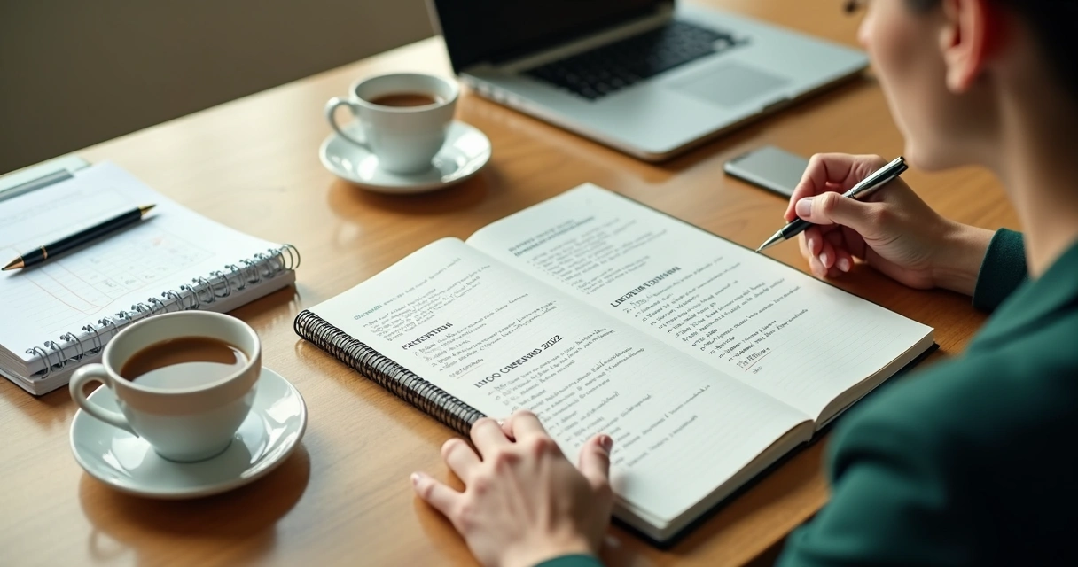 Profissional refletindo diante de caderno com metas e calendário 
