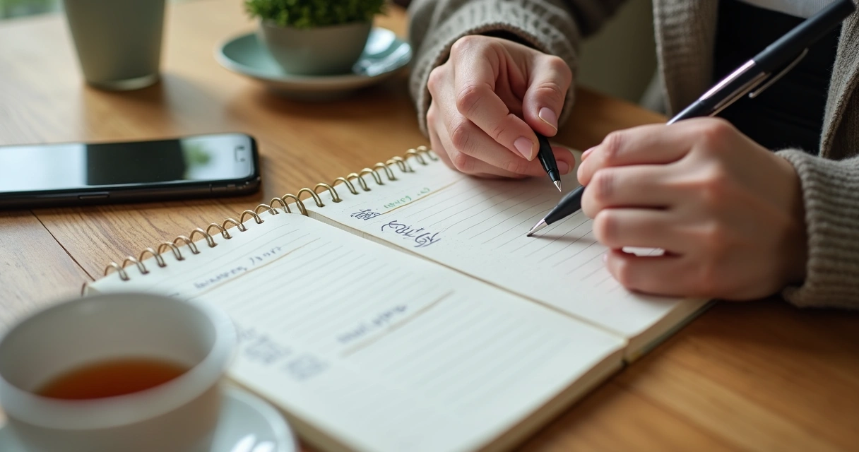 Pessoa escrevendo metas e sentimentos em caderno