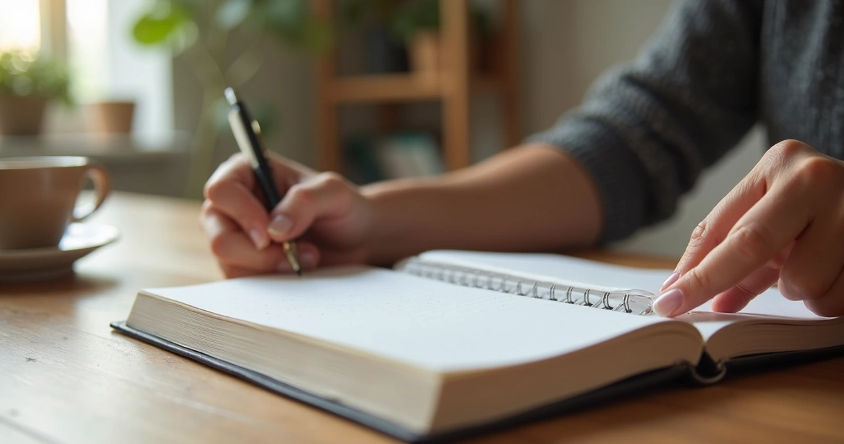 Pessoa escrevendo metas em caderno durante momento de reflexão