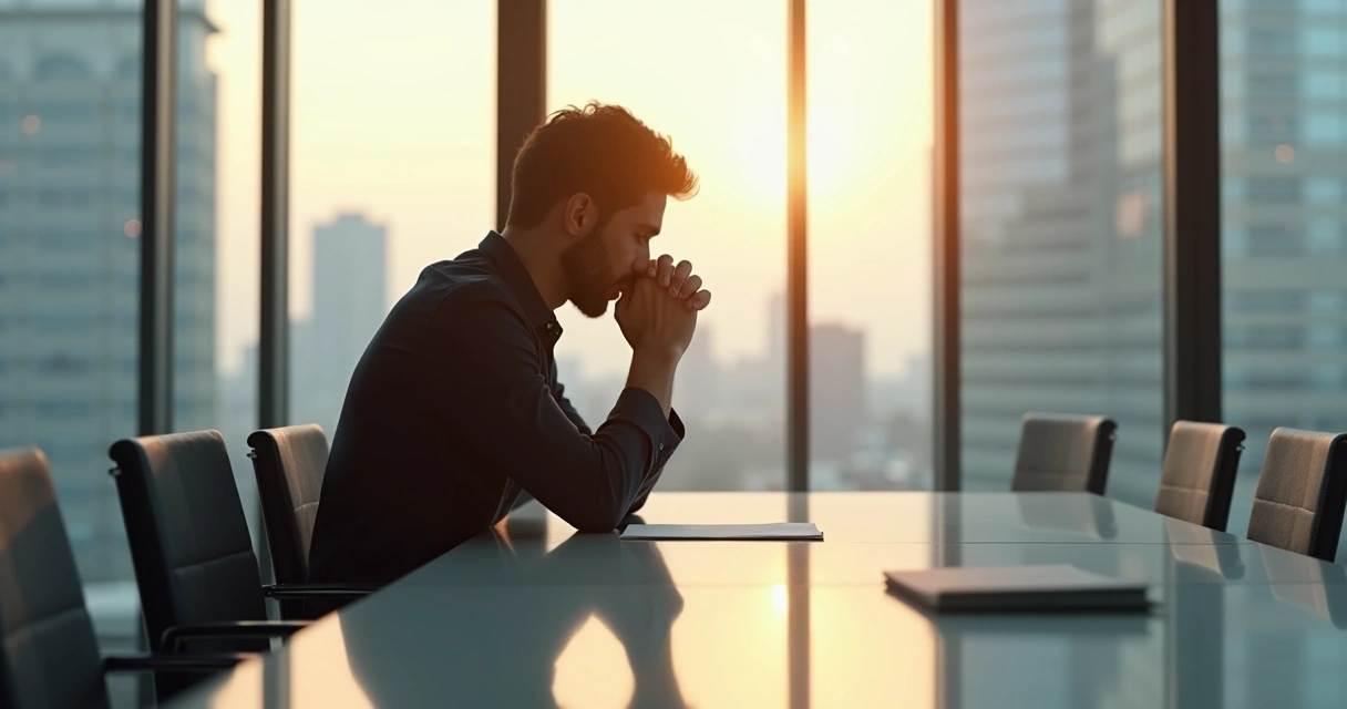 Pessoa sentado sozinho em uma sala de reunião, refletindo após conflito no trabalho 