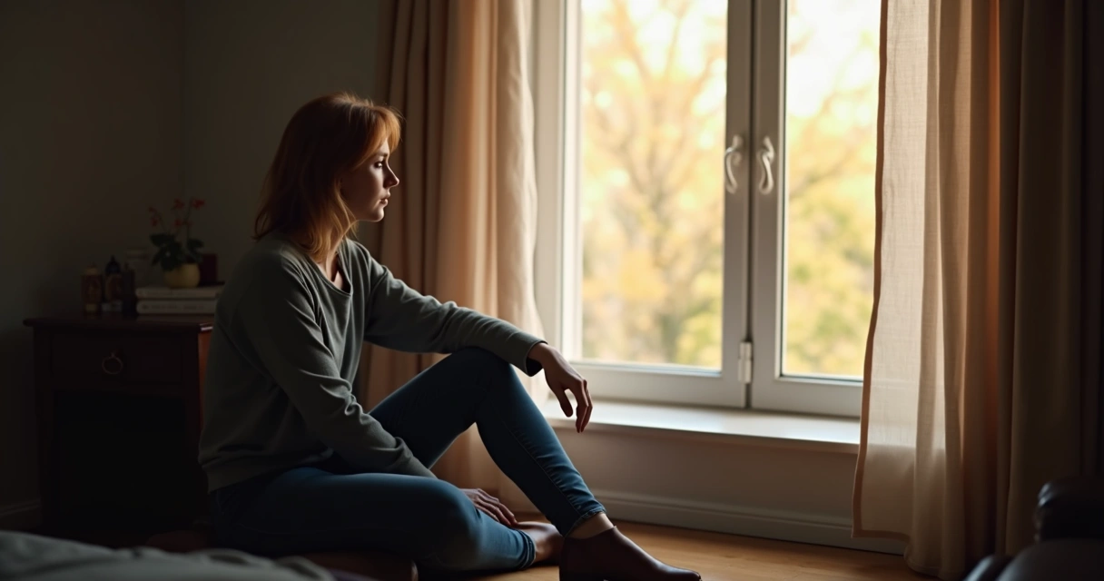 Pessoa sentada sozinha perto de uma janela, refletindo em silêncio 