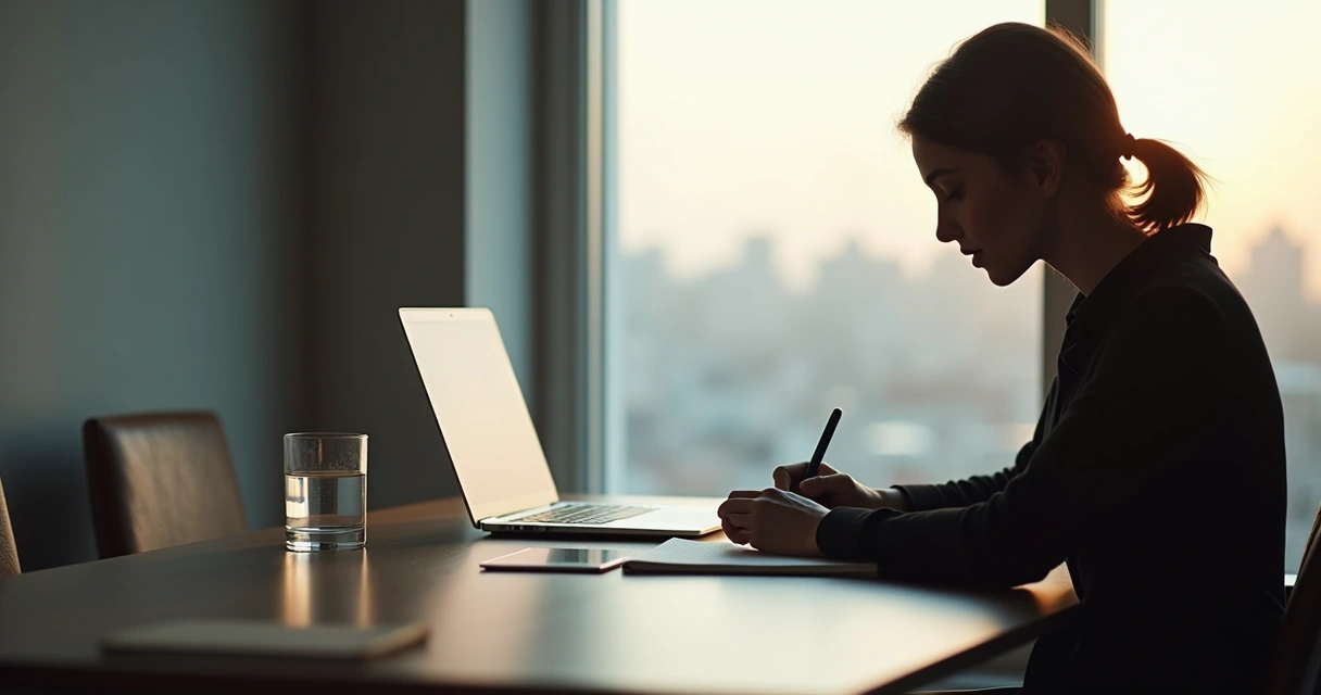 Profissional escrevendo notas após conversa difícil no escritório 