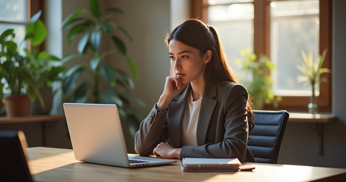 Profissional refletindo em mesa com laptop e bloco de notas