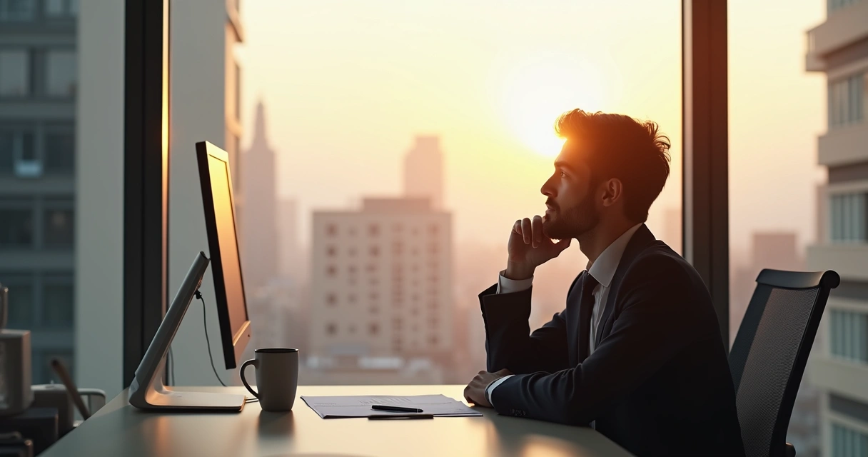 Pessoa olhando para janela de um escritório, pensativo, à mesa de trabalho