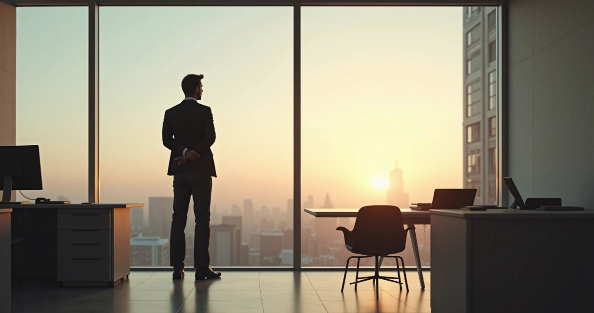 Pessoa sozinha em um escritório refletindo diante da janela, com expressão pensativa. 