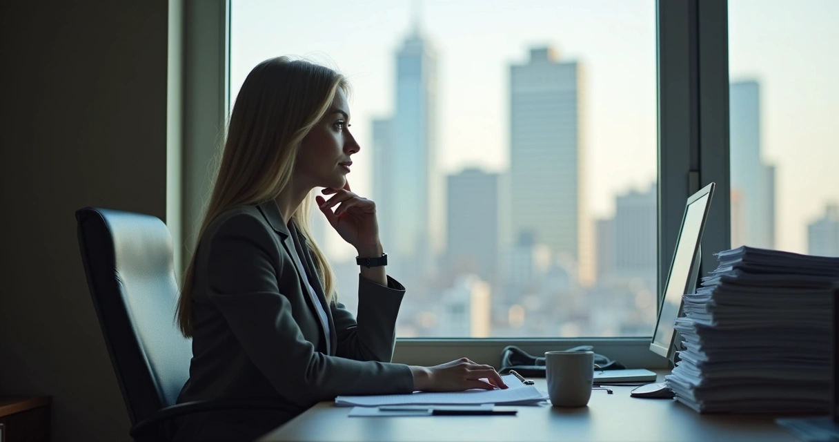 Pessoa sentada em escritório olhando para janela, refletindo sobre decisão profissional 