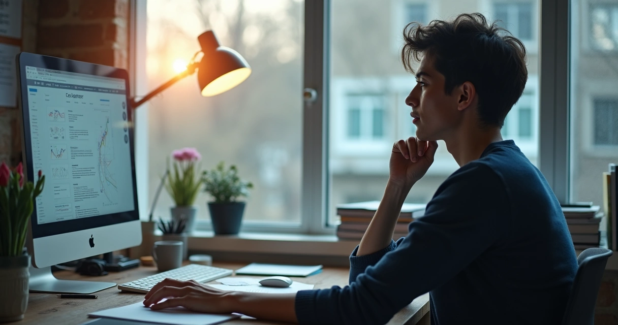 Pessoa analisando gráficos em escritório com anotações sobre carreira