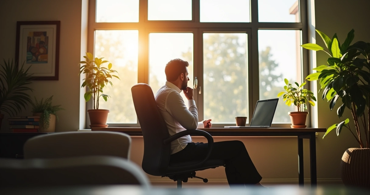 Pessoa sentada olhando pela janela, refletindo sobre mudança de carreira. 
