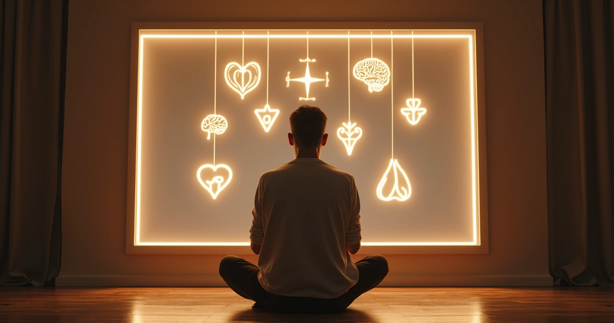 Pessoa olhando para o próprio reflexo em um espelho, com símbolos de propósito e autoconhecimento ao redor 