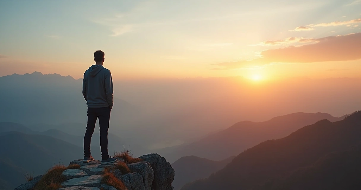 Pessoa em pé no alto de uma montanha olhando horizonte ao amanhecer 