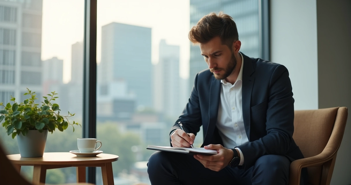 Profissional refletindo sobre propósito no ambiente de trabalho 