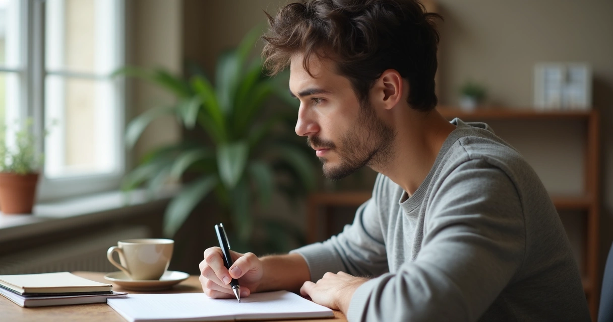 Pessoa escrevendo em caderno durante momento de reflexão 