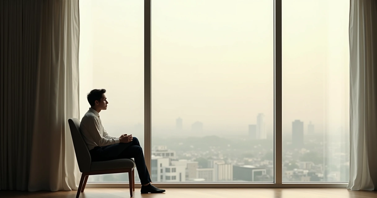 Pessoa refletindo sozinha em ambiente calmo 