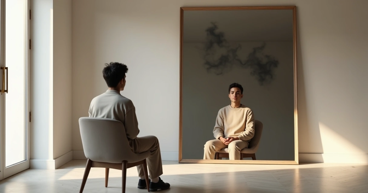 Pessoa sentada diante de espelho com sombras ao redor em clima de reflexão profunda 