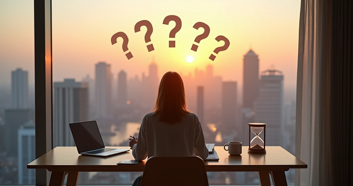 Pessoa refletindo diante de grande janela com cidade ao fundo 