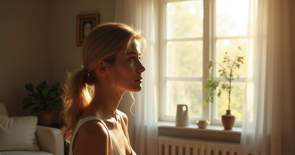 Mulher refletindo em cômodo iluminado pela manhã
