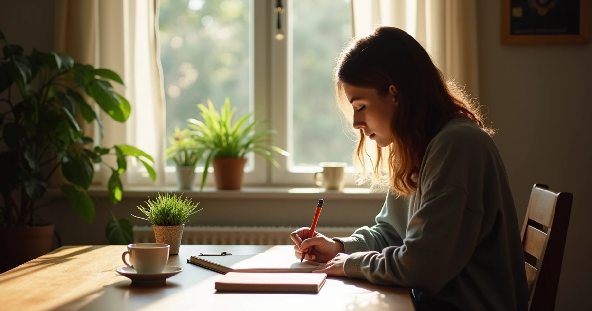 Pessoa escrevendo reflexões em um caderno