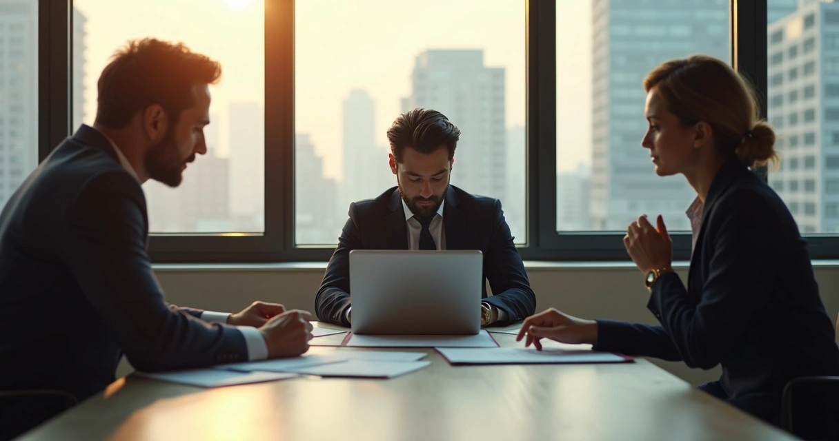 Profissionais em uma sala de reunião, um deles observa de cabeça baixa refletindo sobre uma decisão