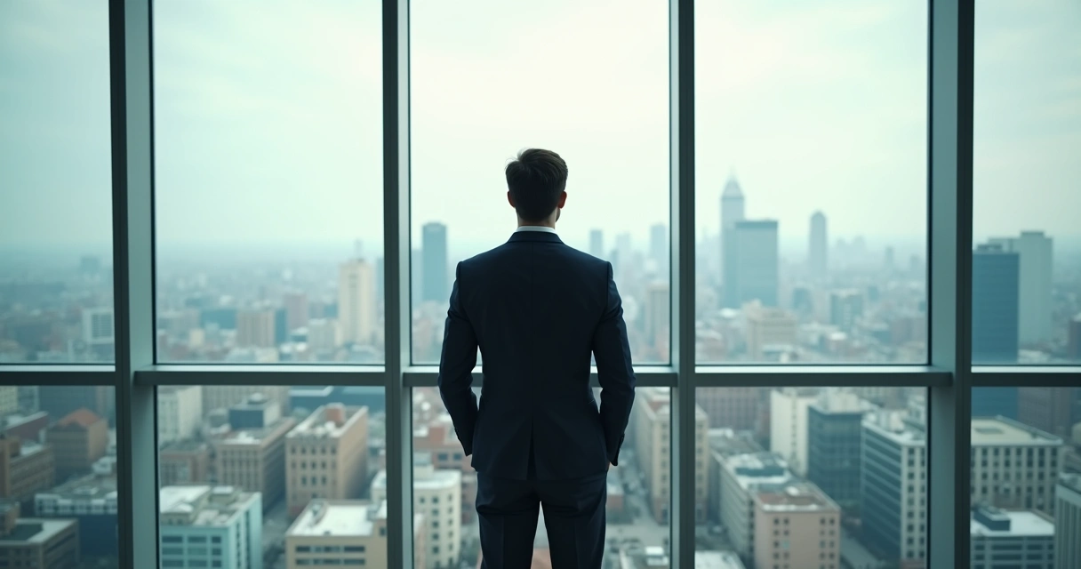 Homem sozinho olhando janela escritório, expressão contemplativa 