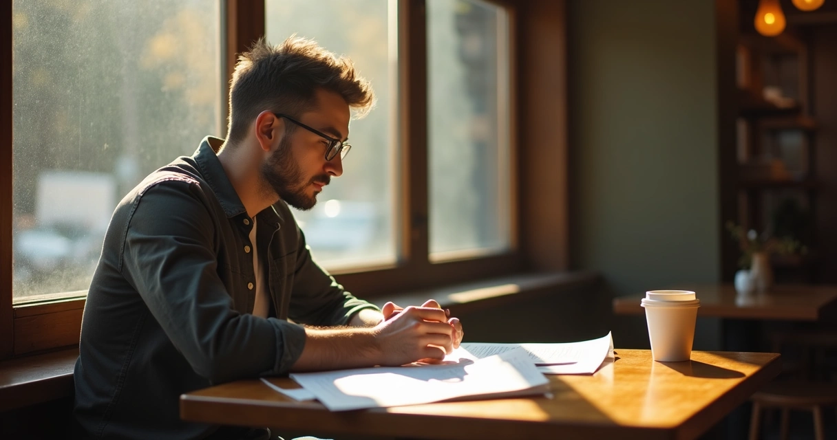 Homem sentado sozinho em cafeteria analisando anotações na mesa ao lado de uma xícara de café 