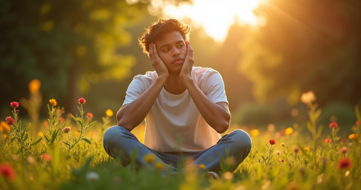 Pessoa sentada em jardim com expressão reflexiva