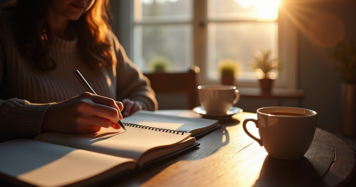 Pessoa escrevendo em um caderno ao lado de uma xícara em ambiente tranquilo 
